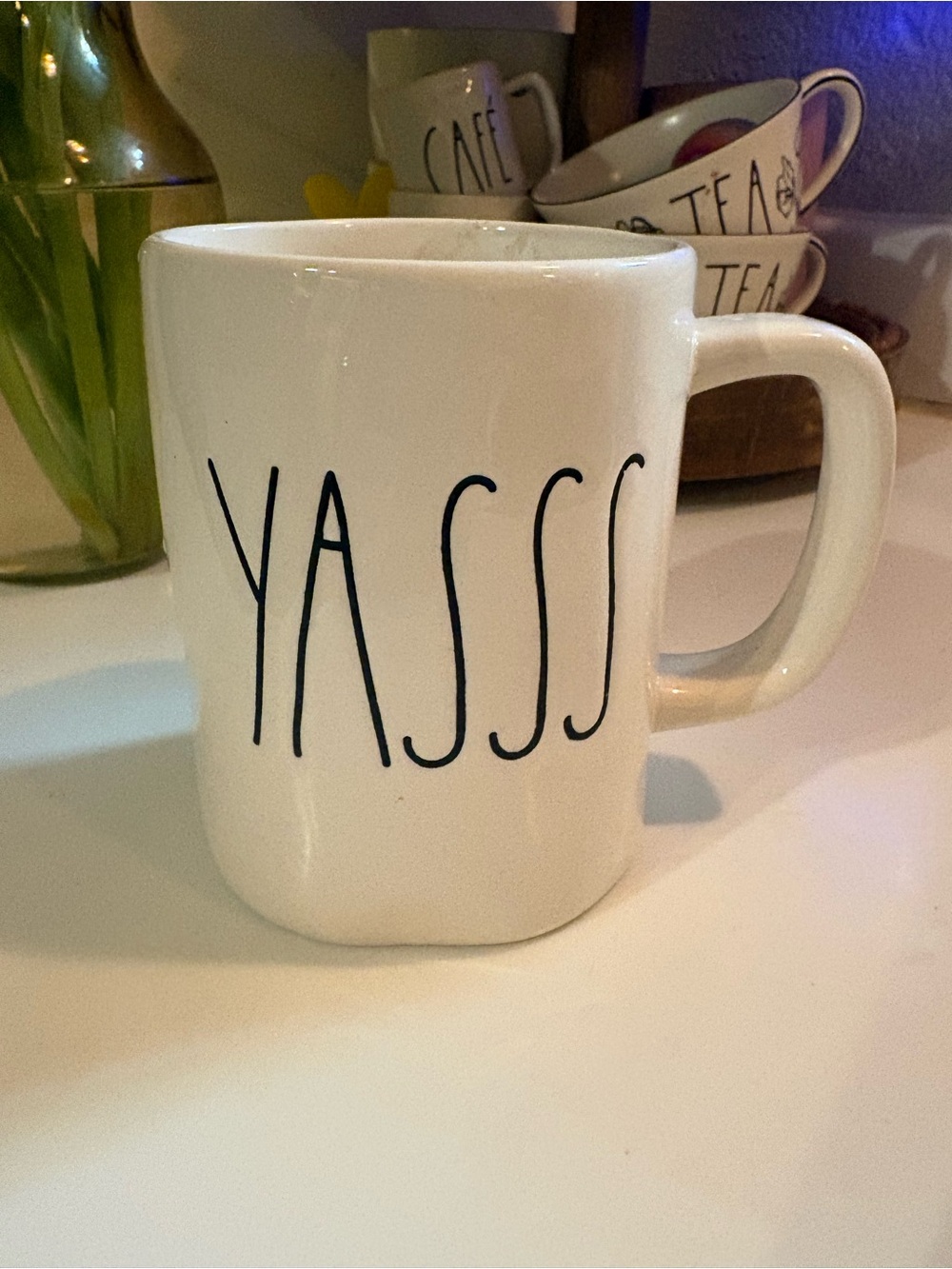 Rae Dunn White Mug with Black "YASSS" Lettering